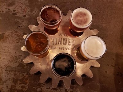 Samplers in a sprocket at Hinder Brewing Company, Waupaca, Wisconsin