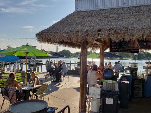 Outdoor patio at Fox River Brewing Company & Waterfront Restaurant in Oshkosh, Wisconsin