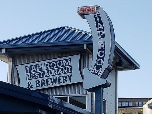 Sign beckoning you into the Tap Room & Restaurant at Fox River Brewery, Oshkosh, Wisconsin