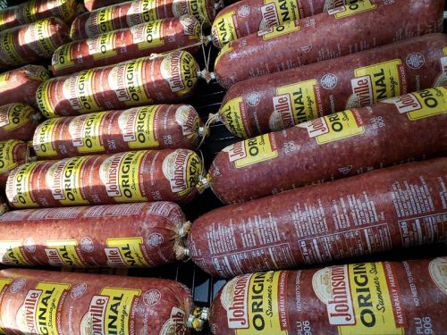 Plenty of fresh sausages for sale at Johnsonville Marketplace outside Sheboygan Falls, Wisconsin