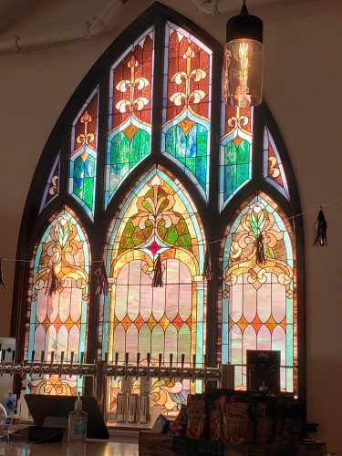 The beautiful stained glass reminds you of the former church building Topsy Turvy Brewing currently occupies in Lake Geneva, Wisconsin
