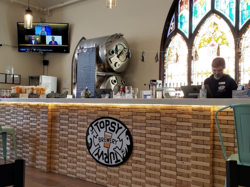 The bar at Topsy Turvy Brewing in Lake Geneva, Wisconsin. And no, you can't play with the Jenga blocks.