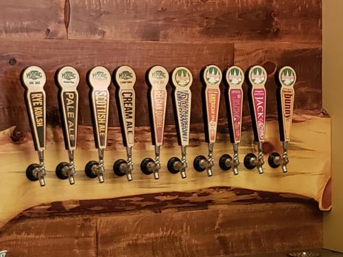 Taps at the Rhinelander and Hodag Brewing Tap Room, along Brown Street in downtown Rhinelander, Wisconsin