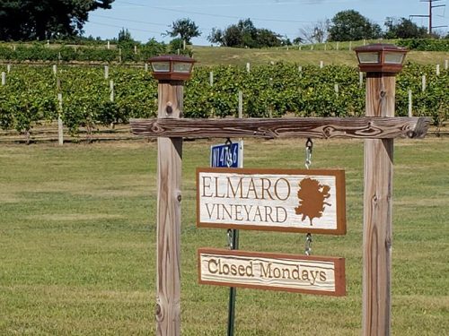 Sign at the entrance to Elmaro Vineyard & Winery, Trempealeau, Wisconsin