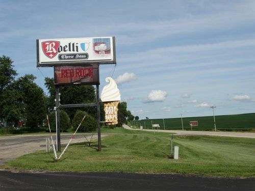 Reolli Cheese Haus sign along Highway 11. Highway 23 starts just west of here, outside of Shullsburg, Wisconsin