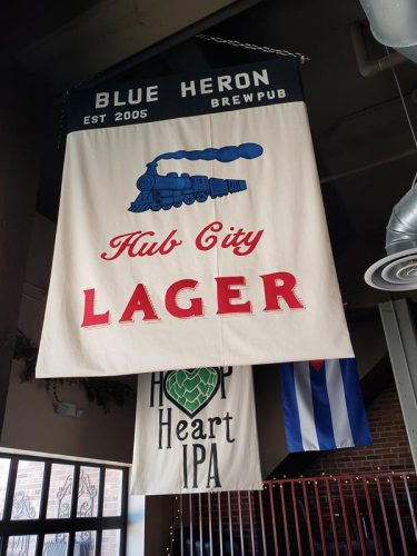 Hub City Lager banner at Blue Heron Brewpub, Marshfield, Wisconsin