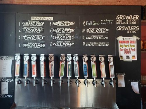 Taps at Pigeon River Brewing Company, at Highway 110 and U.S. 45 in Marion, Wisconsin