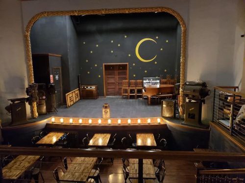 The original orchestra pit and stage in the former playhouse where Stubborn Brothers Brewery is located in Shawano, Wisconsin