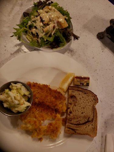 Baked cod and side Caesar on a Friday fish fry night at Stubborn Brothers Brewery, Shawano, Wisconsin
