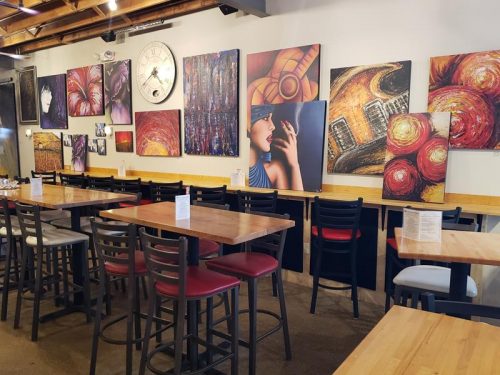 Inside the art-filled tap room at Studio Winery & Geneva Lake Distilling, Lake Geneva, Wisconsin