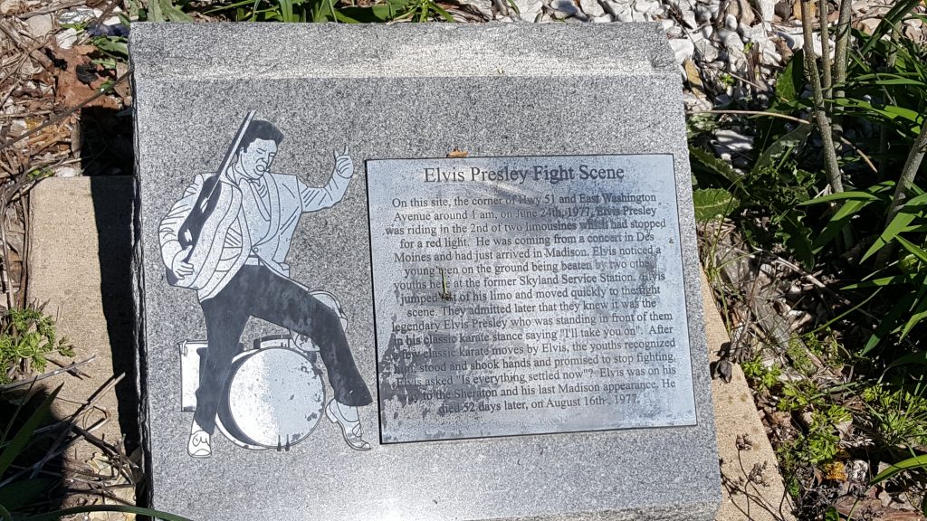 Elvis Fight Scene marker at the junction of U.S. 151 (East Washington Avenue) and U.S. 51 (Stoughton Road) in Madison, Wisconsin