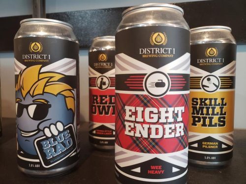 Cans of craft beer available at District 1 Brewing Company, Stevens Point, Wisconsin
