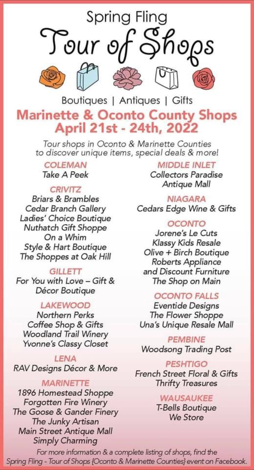 Spring Fling Tour of Shops in Oconto & Marinette Counties, April 21-24, 2022