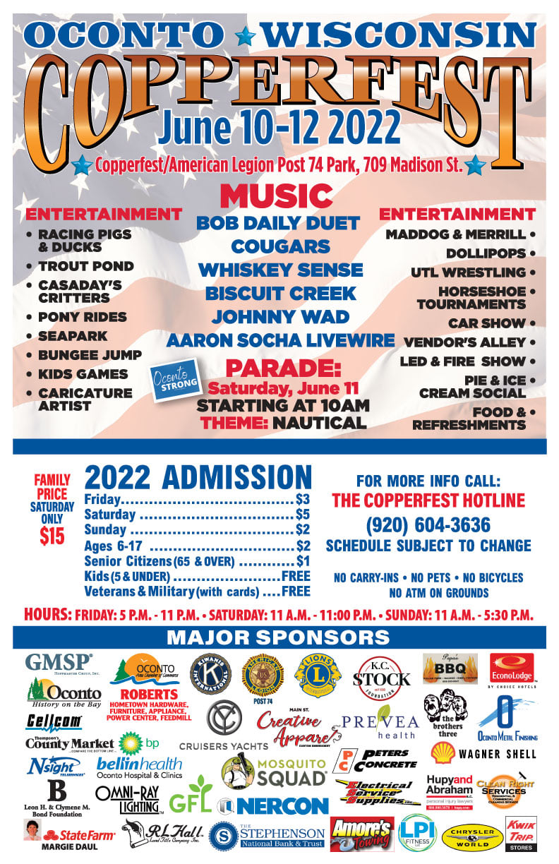 Copperfest Event lineup, June 10-12, 2022 in Oconto, Wisconsin