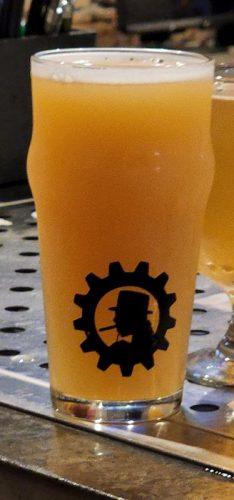 Pint at Round Man Brewing Company, Spooner, Wisconsin. Elements of Winston Churchill can be found throughout the brewpub.