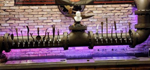 Taps and a Winston Churchill bust at Round Man Brewing Company, Spooner, Wisconsin