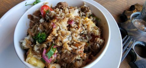 Rice Bowl dish at Round Man Brewing Company, Spooner, Wisconsin