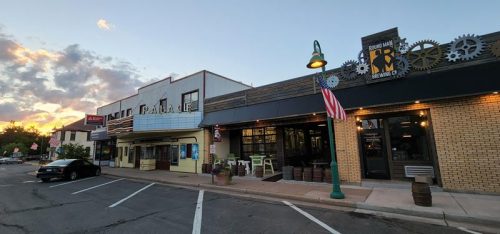 Round Man Brewing Company and the Palace Theater on Walnut Street, one block off U.S. 63 in downtown Spooner, Wisconsin