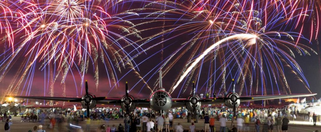 Fireworks over planes at EAA AirVenture, happening in late July every year in Oshkosh, Wisconsin