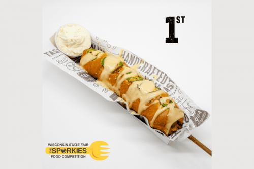 The 2022 Wisconsin State Fair winner of the Sporkies, the Peño Pretzel Popper Brat from Gertrude’s Pretzels