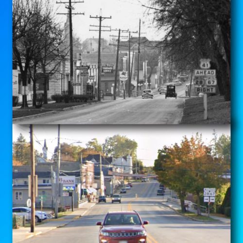 A comparison of Historic U.S. 41 vs. today's Highway 175 in Theresa, Wisconsin. Photos courtesy of the Jim Widmer Collection with the Wisconsin Historical Society (top) and Google Maps via Joe Burgermeister (bottom)