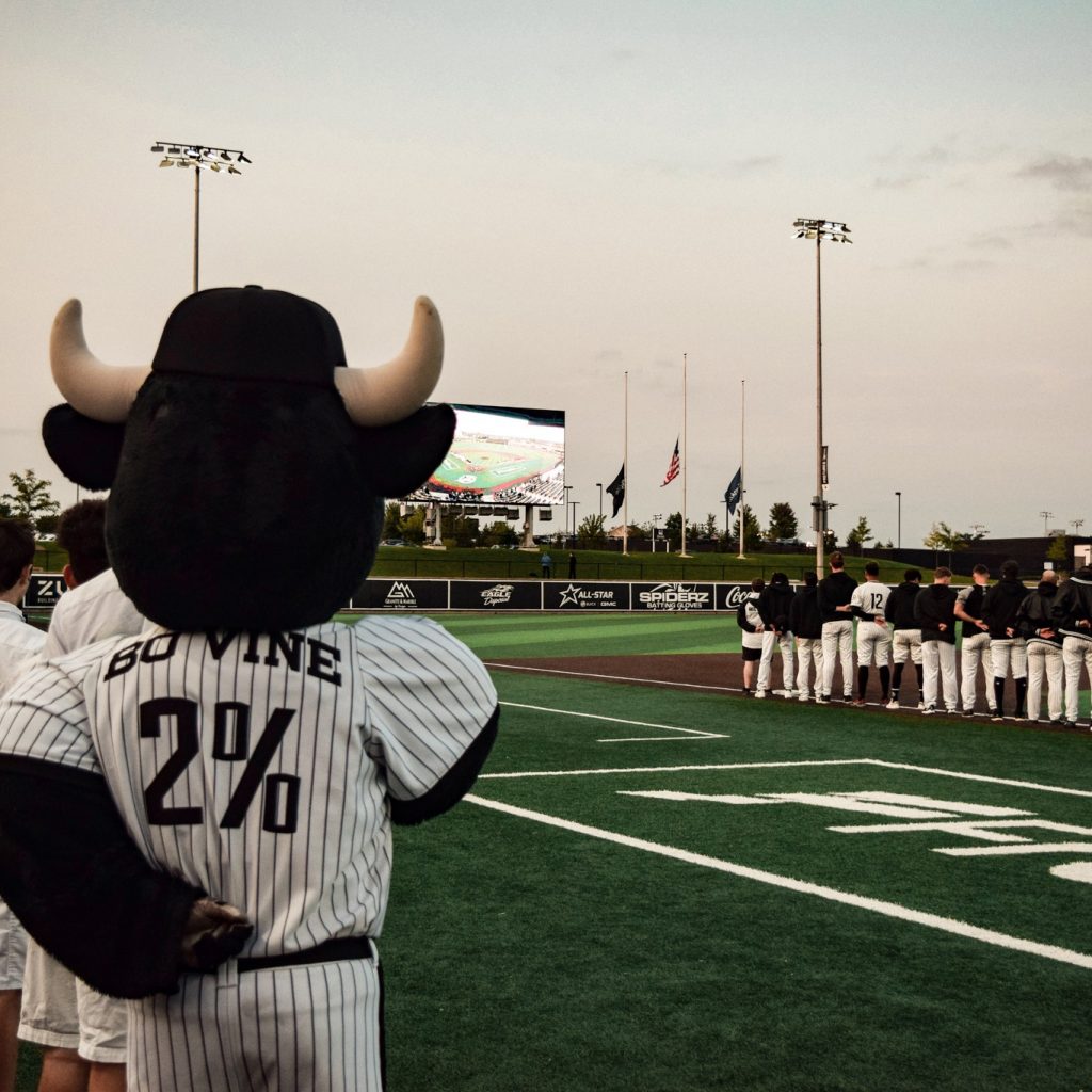 Bo Vine, the mascot for the Milwaukee Milkmen, at Franklin Field in Franklin, Wisconsin