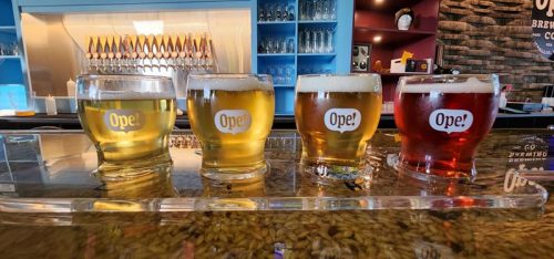 Flight of beers at Ope! Brewing Company, West Allis, Wisconsin