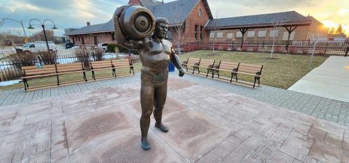 Da Crusher statue one block off Highway 32 in South Milwaukee, Wisconsin