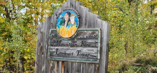 Sign for Mountain Fire Lookout Tower off Old Highway 32 near Mountain, Wisconsin in Oconto County.