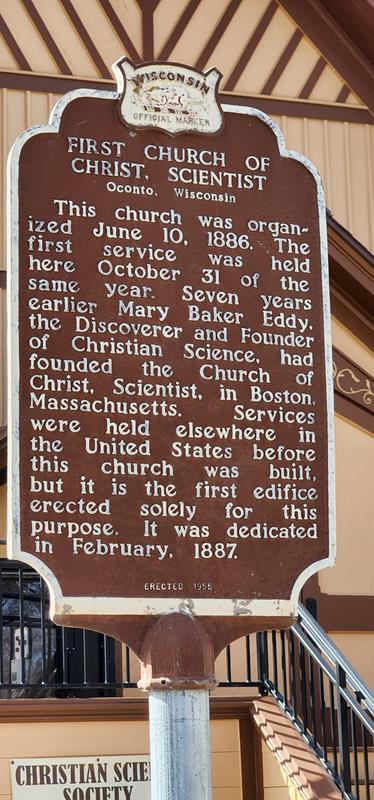 Historic marker for the original First Church of Christ, Scientist in Oconto, Wisconsin