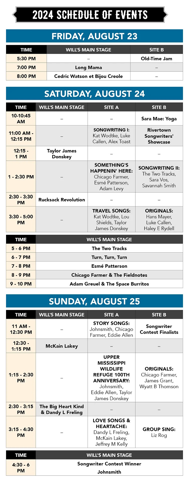 Great River Folk Festival lineup for August 23-25, 2024 in La Crosse, Wisconsin