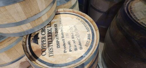 Barrels aging inside Copper Crow Distillery in Bayfield County, Wisconsin