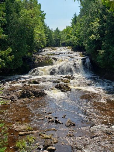 Bad River tumbling through waterfalls at Copper Falls State Park near Mellen, Wisconsin