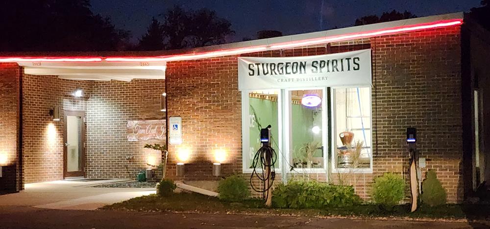 Front of Sturgeon Spirits Distillery in Oshkosh, Wisconsin