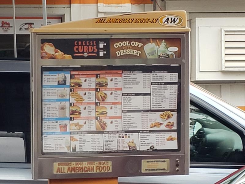 Menu at the A&W Drive-In along U.S. 2 in Superior, Wisconsin