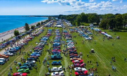 Kenosha Homecoming Car Show, view from above with Lake Michigan in Kenosha, Wisconsin