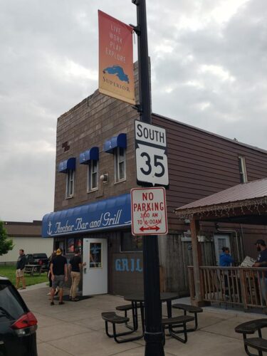 Southbound Wisconsin Highway 35 near its start, in front of Anchor Bar in Superior, Wisconsin