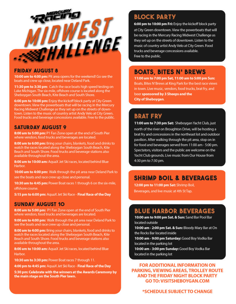 Mercury Racing Midwest Challenge schedule, Sheboygan, Wisconsin, August 8-10, 2025