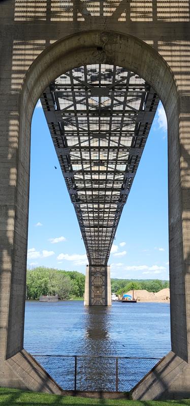 Under the original Lansing Bridge carrying Wisconsin Highway 82 over the Mississippi River into Wisconsin