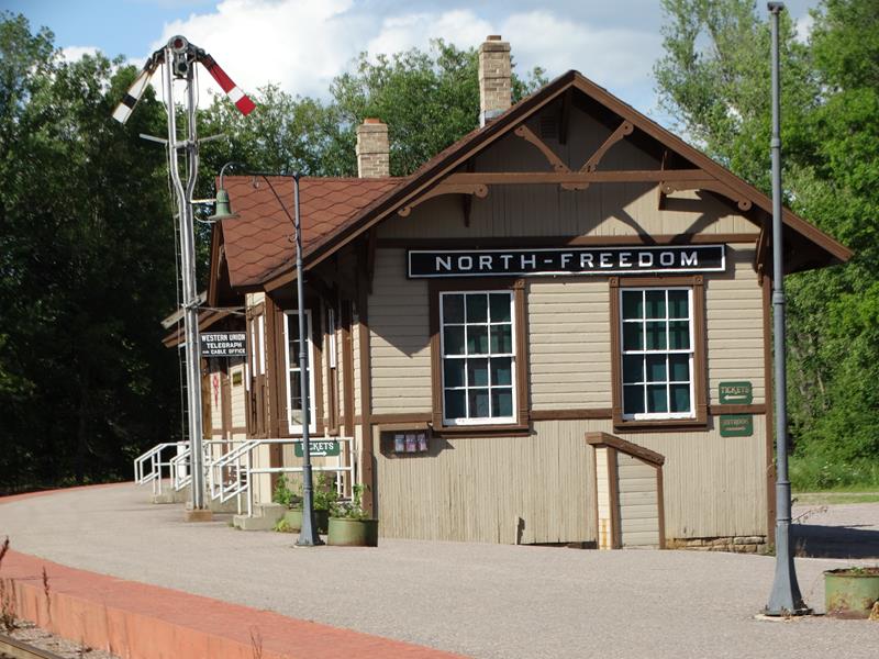 Original railroad station in North Freedom, Wisconsin now the hub of the Midcontinent Railway Museum
