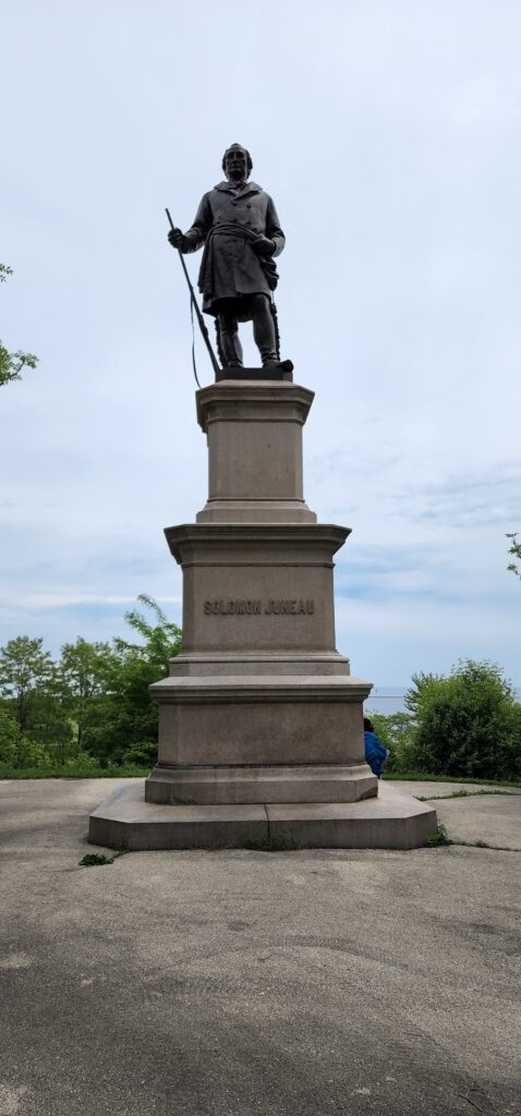 Solomon Juneau statue overlooking Lake Michigan in Milwaukee, Wisconsin along Highway 32
