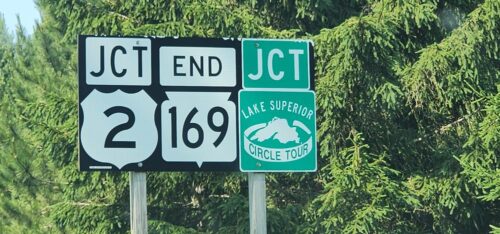 Highway 169 coming to an end at U.S. 2 and the Lake Superior Circle Tour near Gurney, Wisconsin